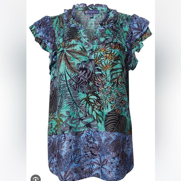 DEMOCRACY BUTTON UP MULTI PRINT TOP GREEN MULTI L NWT - Picture 1 of 5